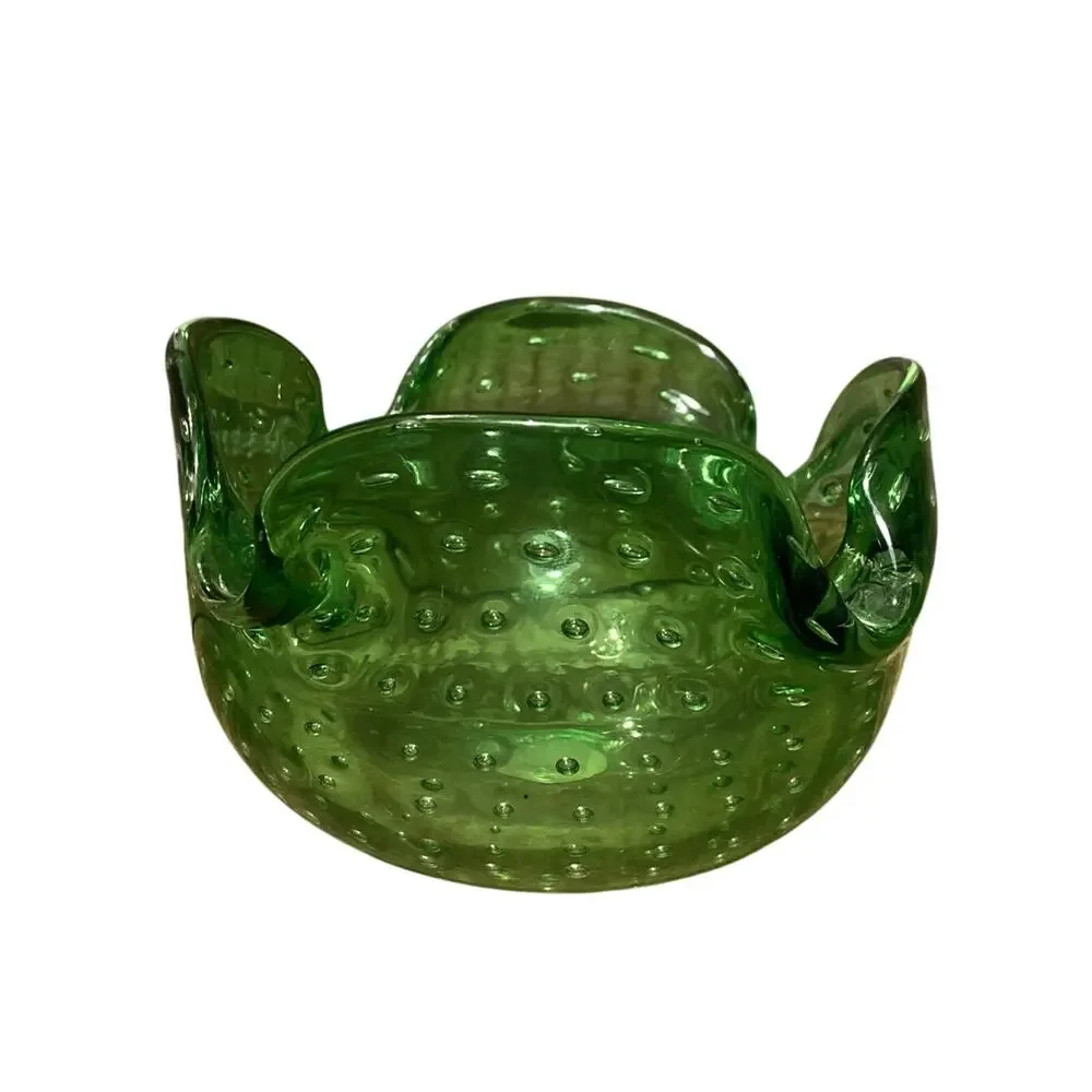 Vintage Italian Bullicante Art Glass Ashtray Murano Style Green Bowl 4.125